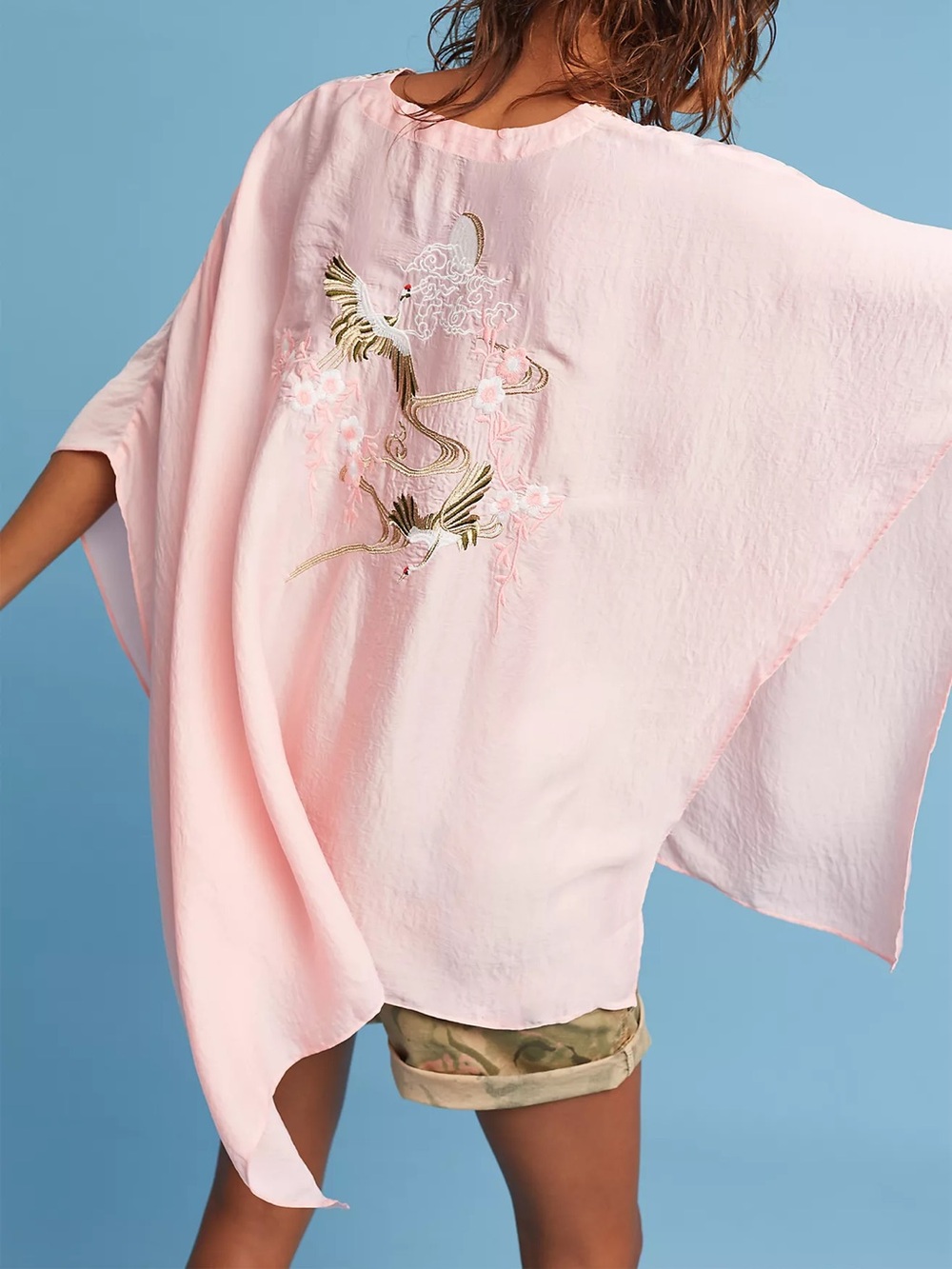 Anthropologie Blush Pink Embroidered Crane June Kimono Boho One Size